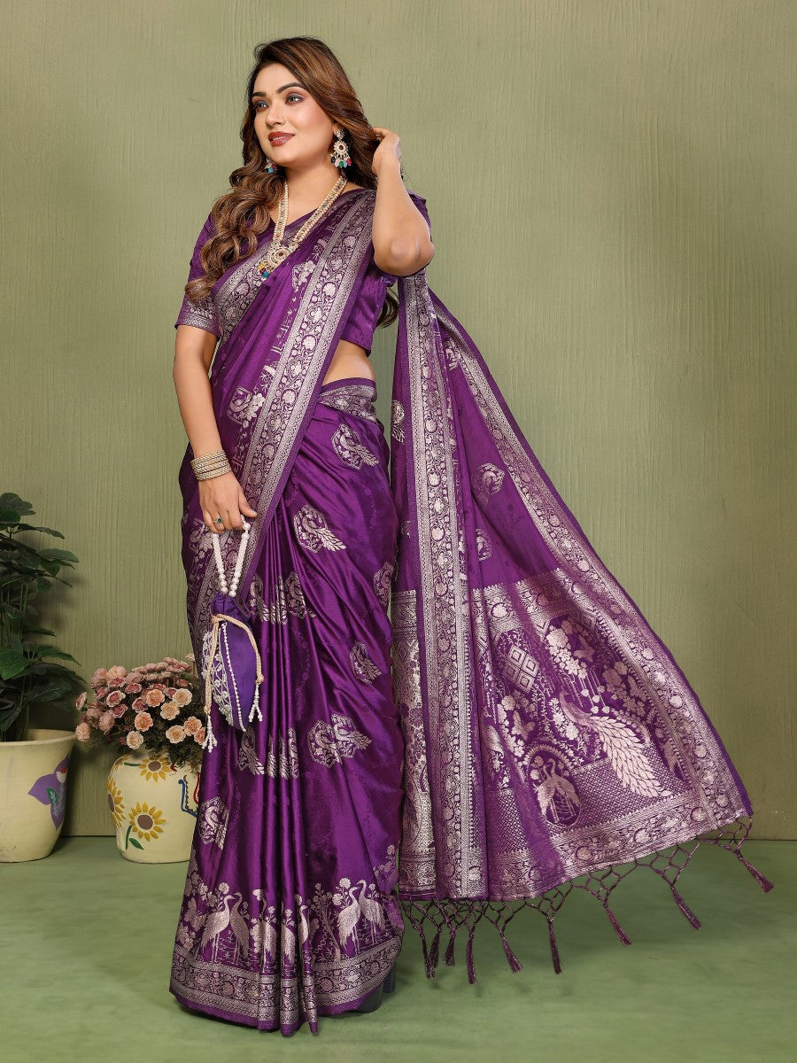 Anaita Violet Zari Butta Work Satin Silk Saree With Blouse | Grocsy