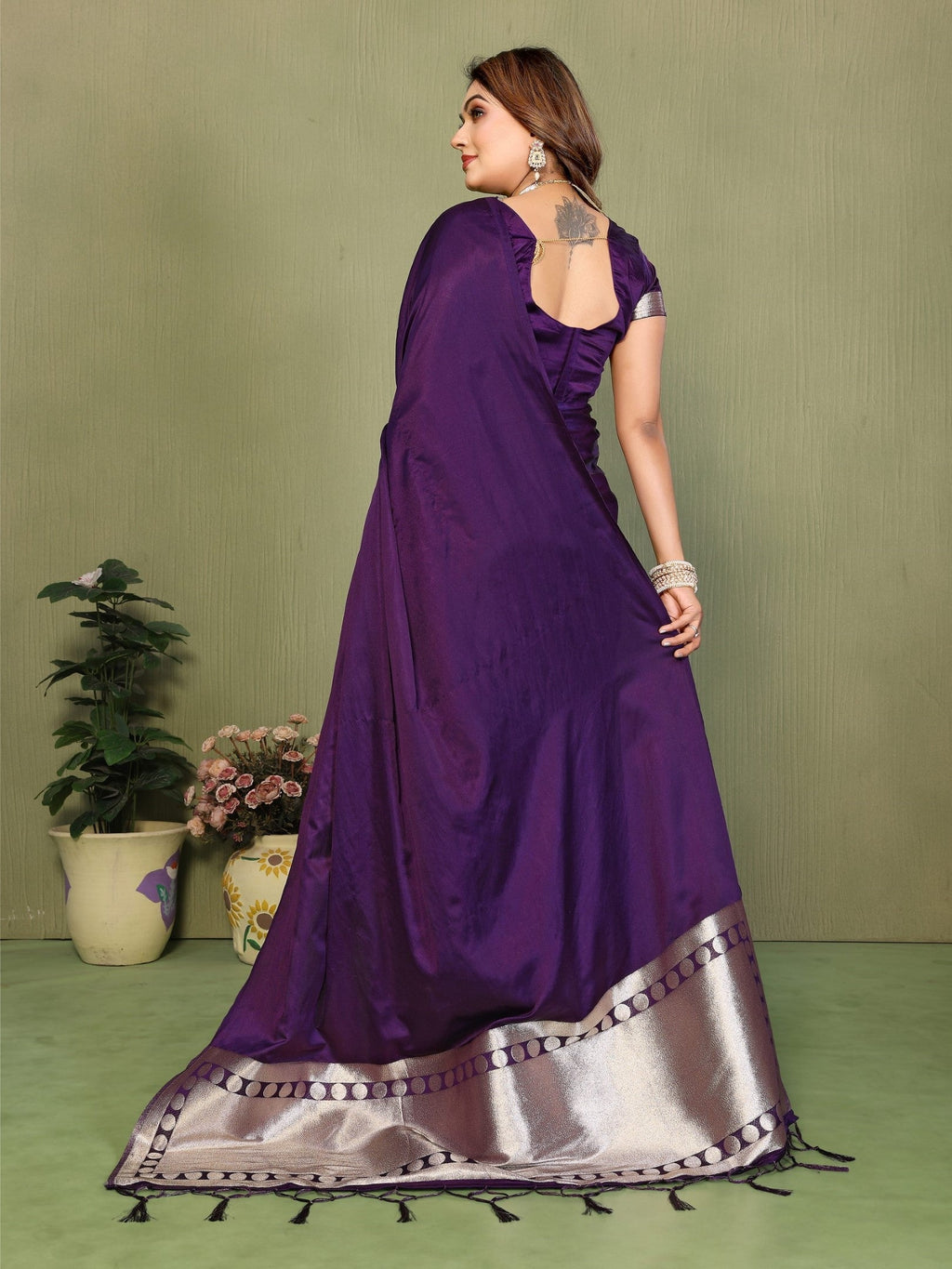 Anaita Violet Zari Weaving Work Satin Silk Saree With Blouse | Grocsy