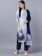 Myshka Women White Blue Tie Dyed Kurta Trousers With Dupatta Set | Grocsy