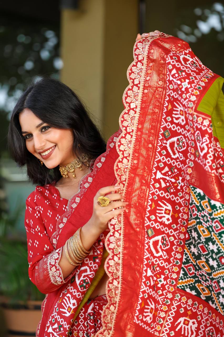 Teeya Creation Olive Color Mercerized New Sigma Silk Ikkat Saree | Grocsy