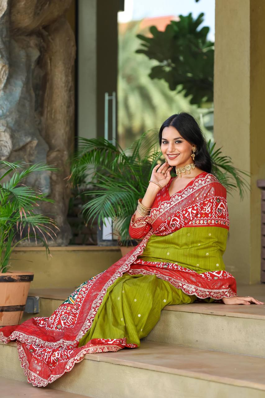 Teeya Creation Olive Color Mercerized New Sigma Silk Ikkat Saree | Grocsy