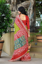 Teeya Creation Olive Color Mercerized New Sigma Silk Ikkat Saree | Grocsy
