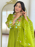 The52 Women's Beautiful Embroidery Work Viscose Silk Fabric Flared Kurta Pant and Dupatta Set-Liril | Grocsy