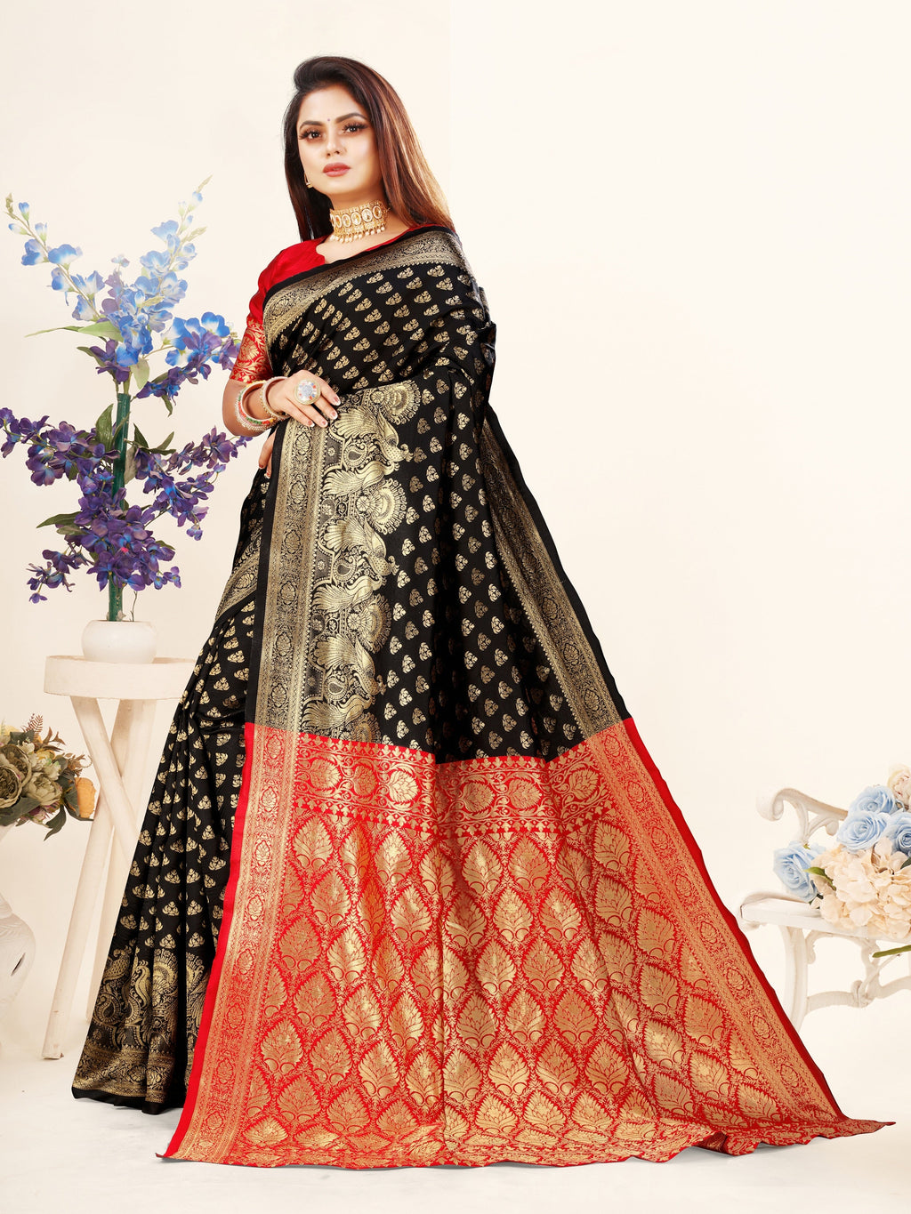 Vedant Vastram Litchi Silk Designer Banarasi Saree - Black | Grocsy