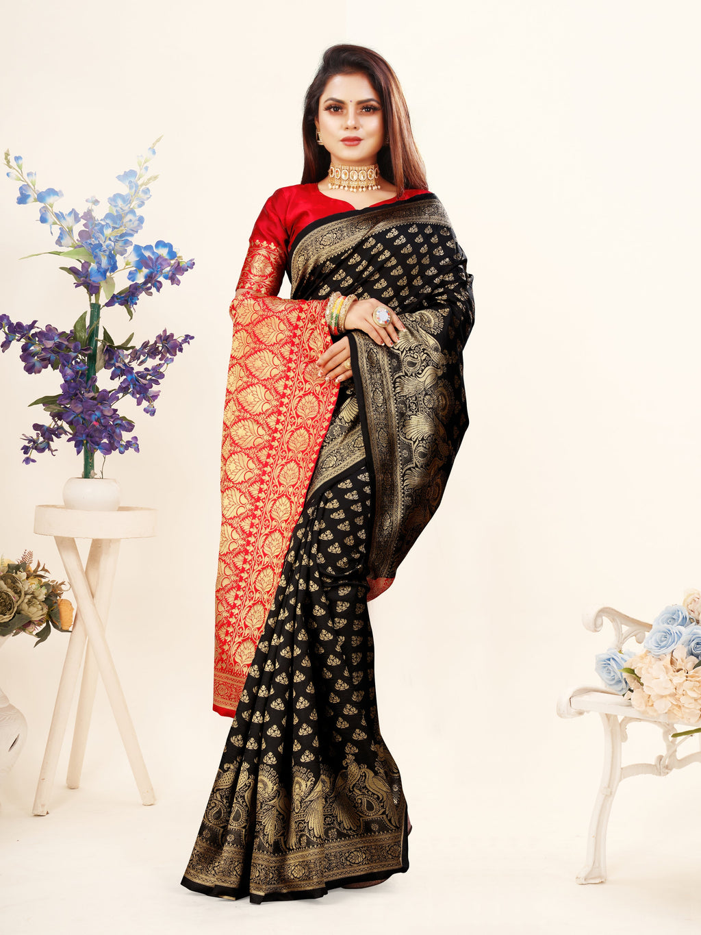 Vedant Vastram Litchi Silk Designer Banarasi Saree - Black | Grocsy