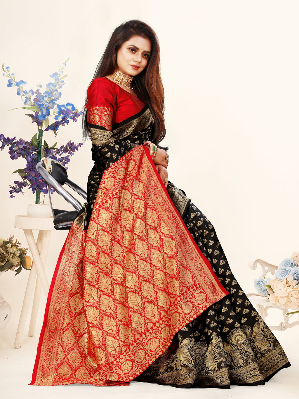 Vedant Vastram Litchi Silk Designer Banarasi Saree - Black | Grocsy
