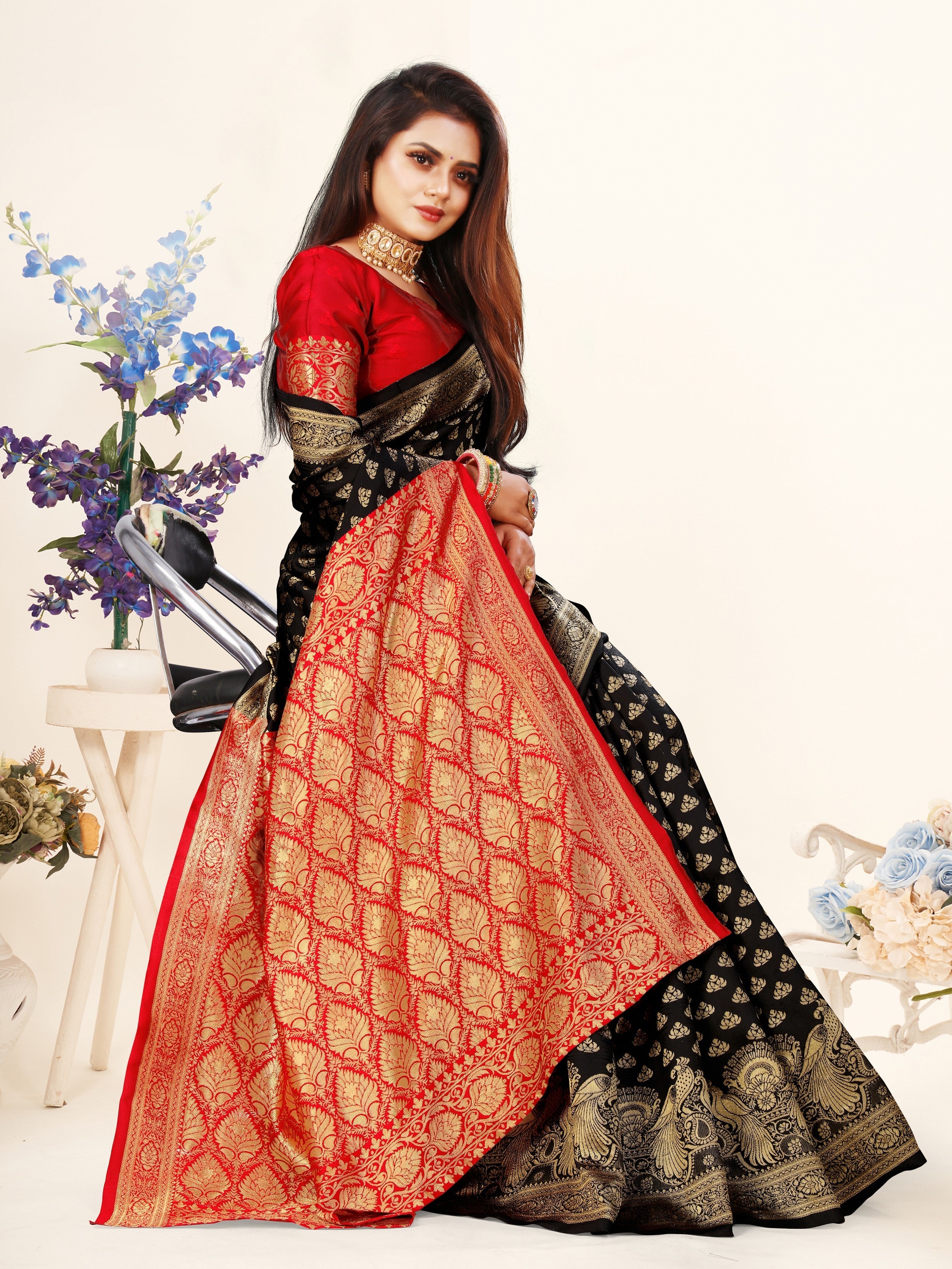 Vedant Vastram Litchi Silk Designer Banarasi Saree - Black | Grocsy