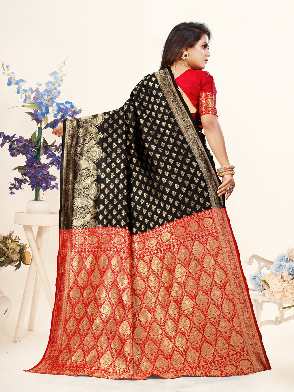 Vedant Vastram Litchi Silk Designer Banarasi Saree - Black | Grocsy