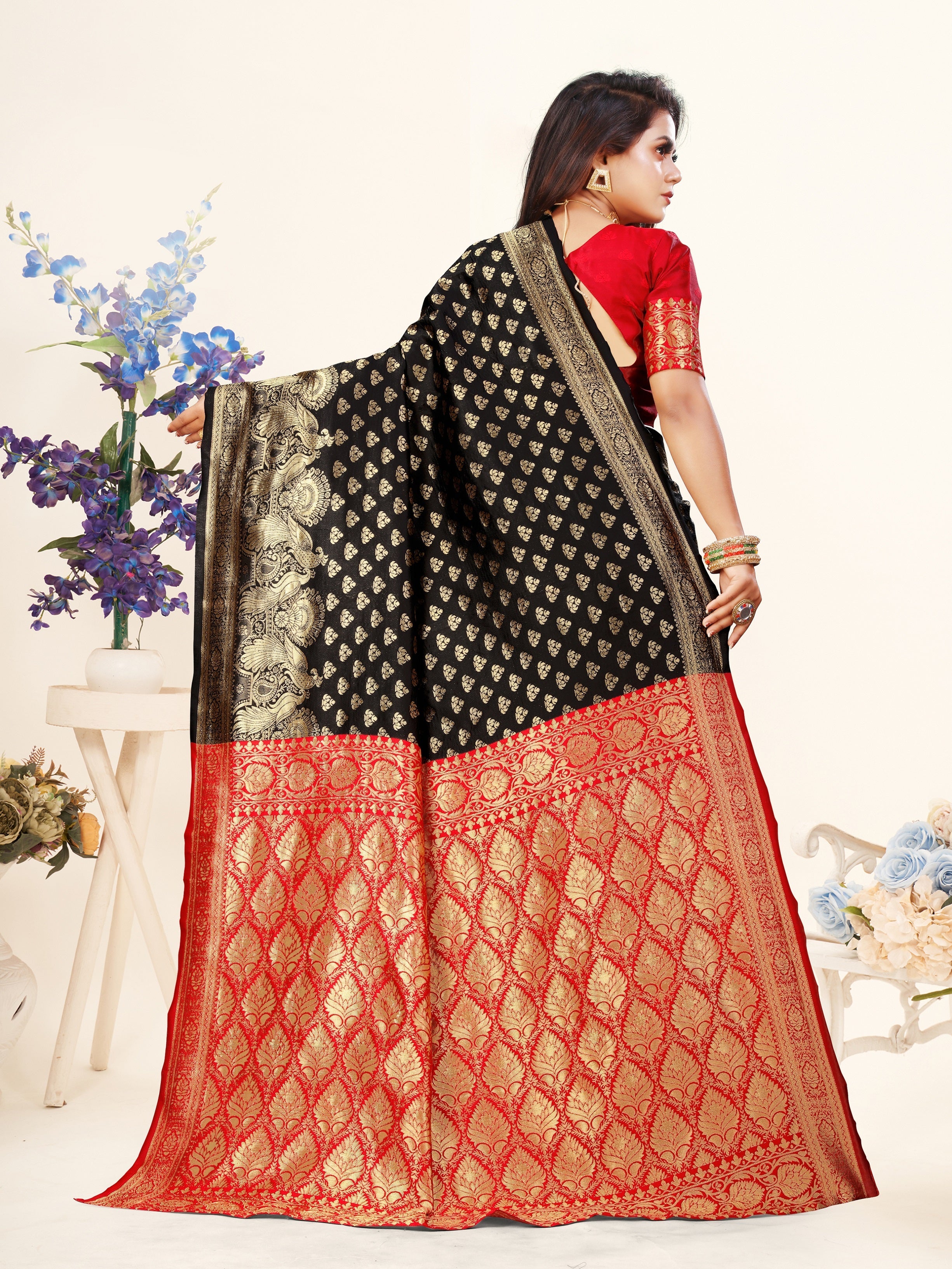 Vedant Vastram Litchi Silk Designer Banarasi Saree - Black | Grocsy