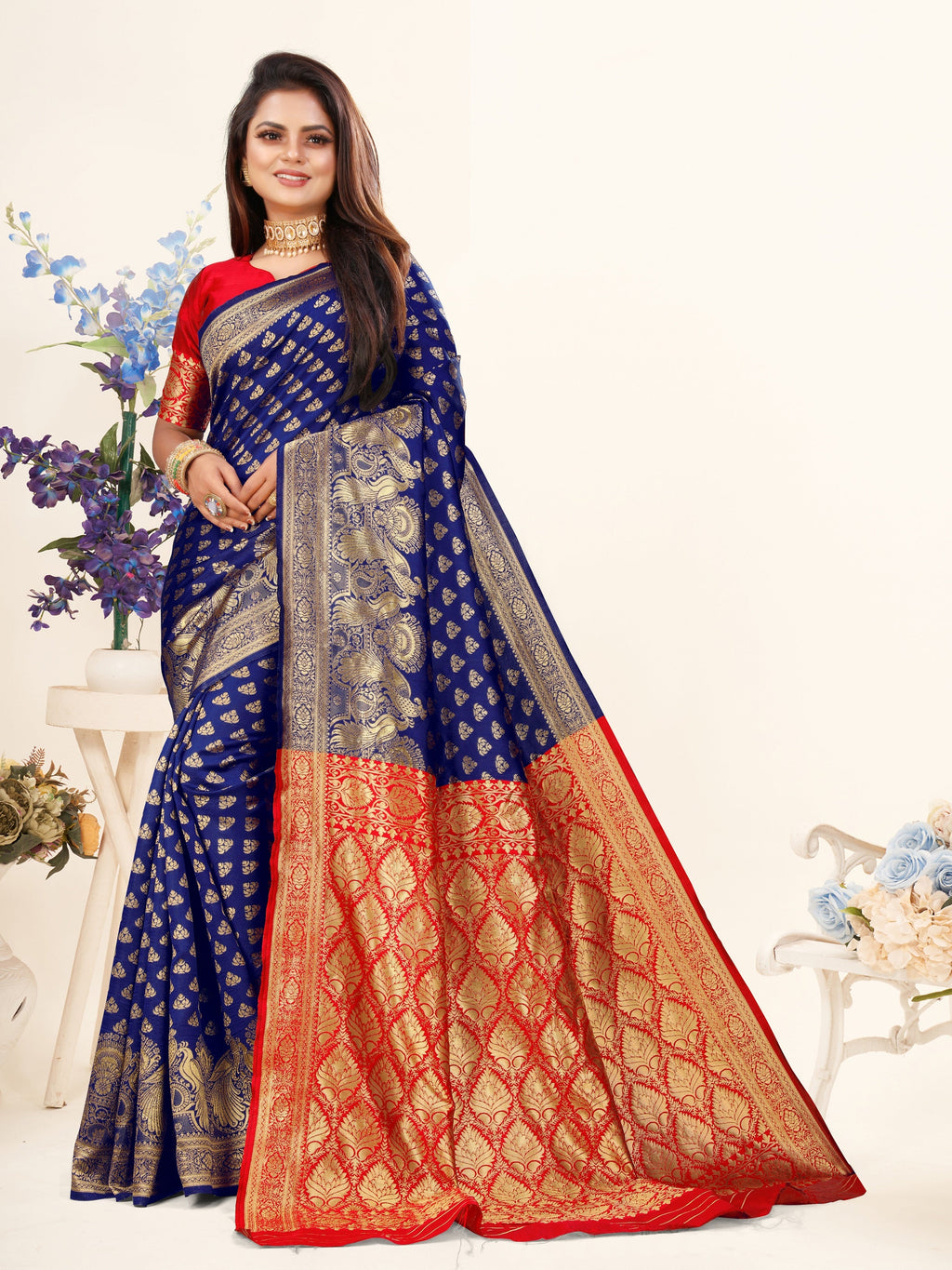 Vedant Vastram Litchi Silk Designer Banarasi Saree - Blue | Grocsy