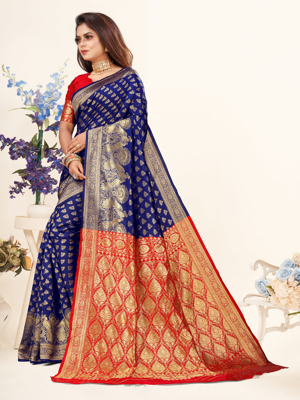 Vedant Vastram Litchi Silk Designer Banarasi Saree - Blue | Grocsy