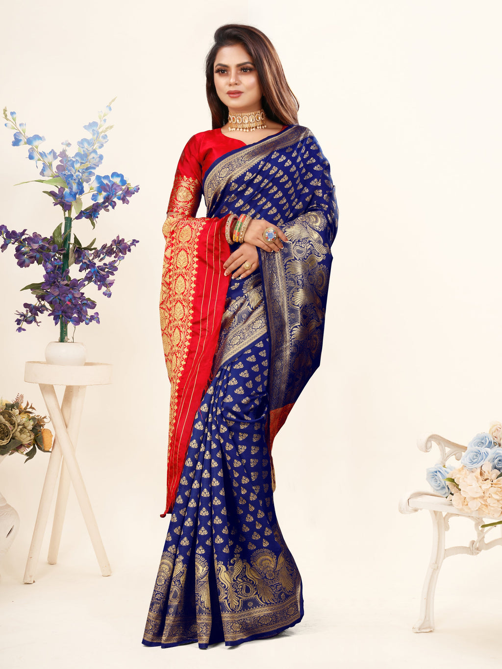 Vedant Vastram Litchi Silk Designer Banarasi Saree - Blue | Grocsy
