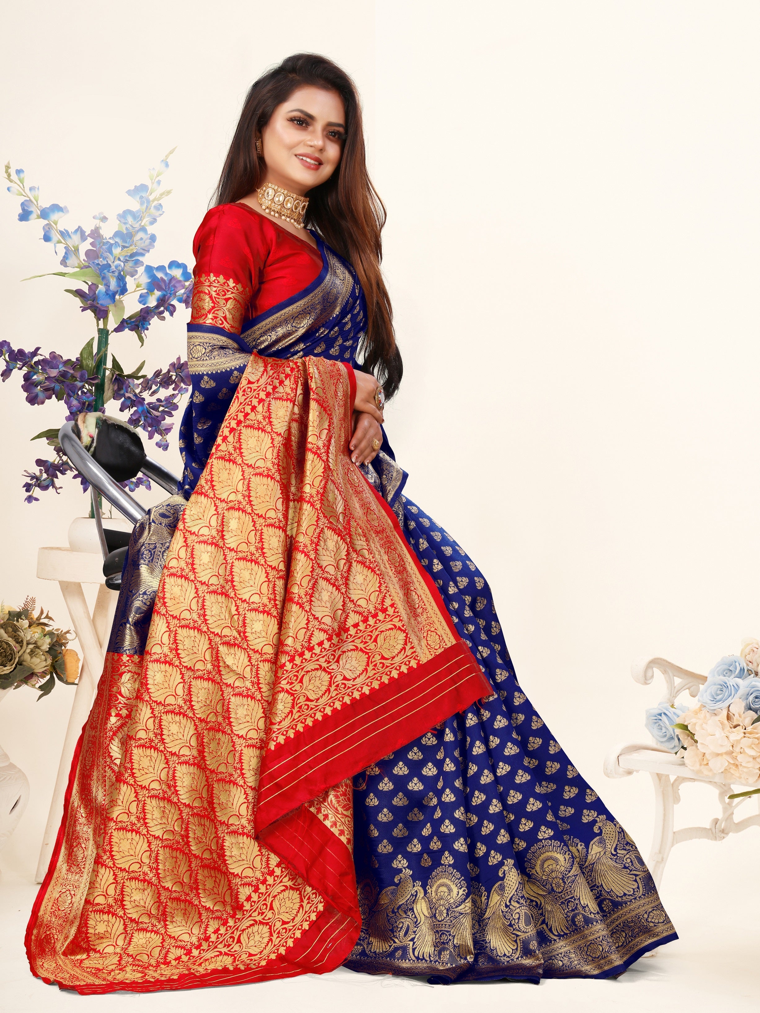 Vedant Vastram Litchi Silk Designer Banarasi Saree - Blue | Grocsy