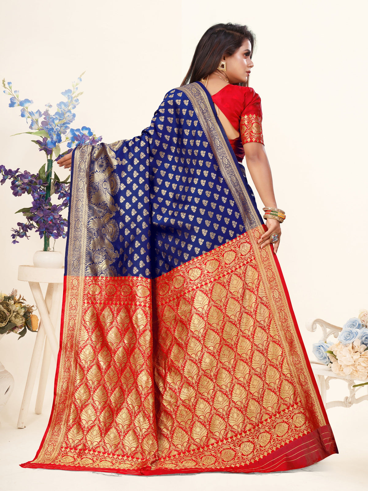 Vedant Vastram Litchi Silk Designer Banarasi Saree - Blue | Grocsy