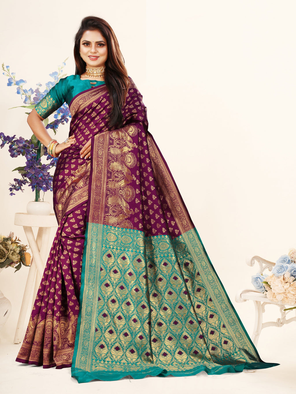 Vedant Vastram Litchi Silk Designer Banarasi Saree - Wine | Grocsy