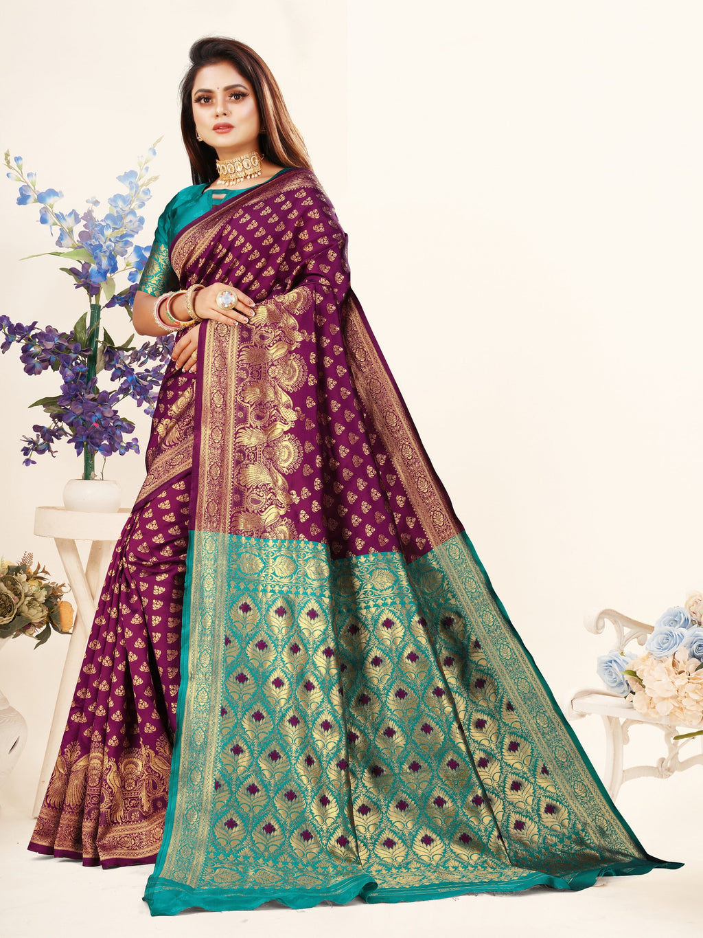 Vedant Vastram Litchi Silk Designer Banarasi Saree - Wine | Grocsy