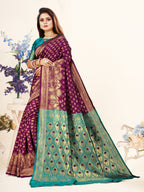 Vedant Vastram Litchi Silk Designer Banarasi Saree - Wine | Grocsy