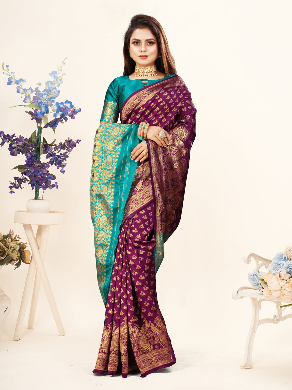Vedant Vastram Litchi Silk Designer Banarasi Saree - Wine | Grocsy