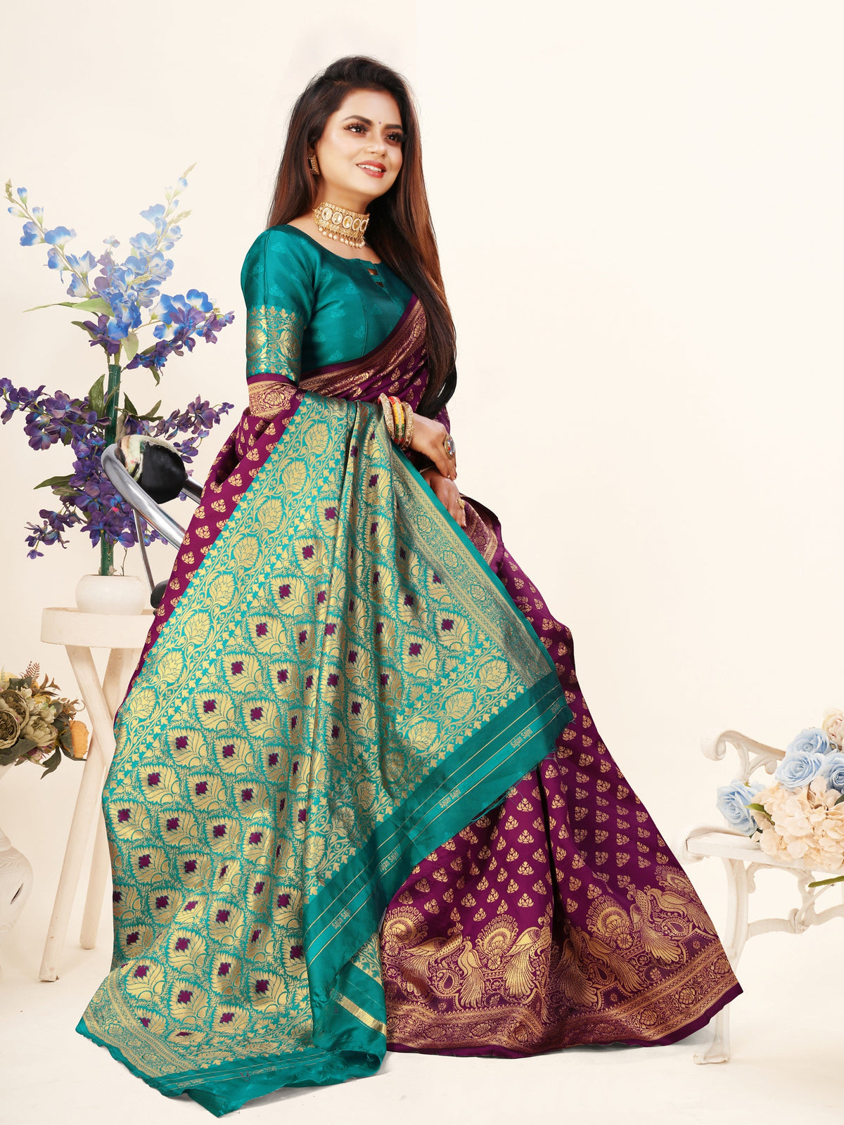 Vedant Vastram Litchi Silk Designer Banarasi Saree - Wine | Grocsy