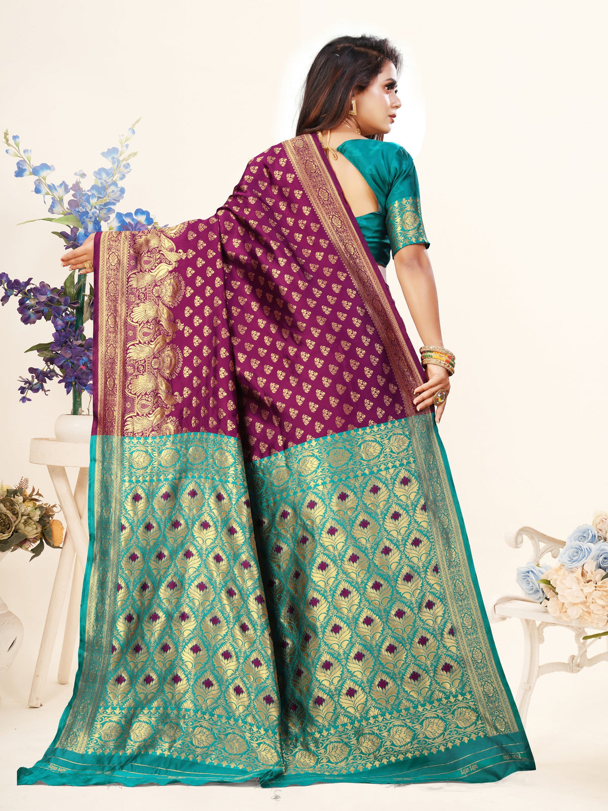 Vedant Vastram Litchi Silk Designer Banarasi Saree - Wine | Grocsy