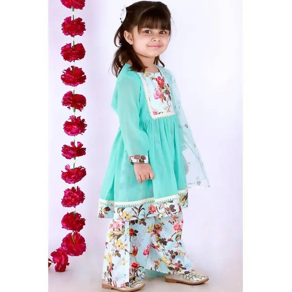 Little Bansi Girls Blue Color Floral print Kurta Frock with Floral Palazzo and Dupatta | Grocsy