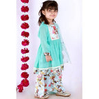 Little Bansi Girls Blue Color Floral print Kurta Frock with Floral Palazzo and Dupatta | Grocsy