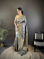 Joban Fashion Grey Floral & Ethnic Motifs Design Soft Silk Meenakari Banarasi Saree | Grocsy