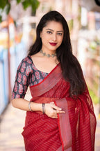 Red Linen Sequence Saree with Unstitched Blouse - Hiral Fashion | Grocsy