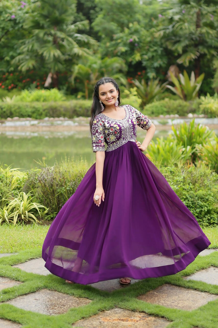 Vastranavya Faux Blooming with Embroidery Zari Sequins-work Gown - Purple | Grocsy