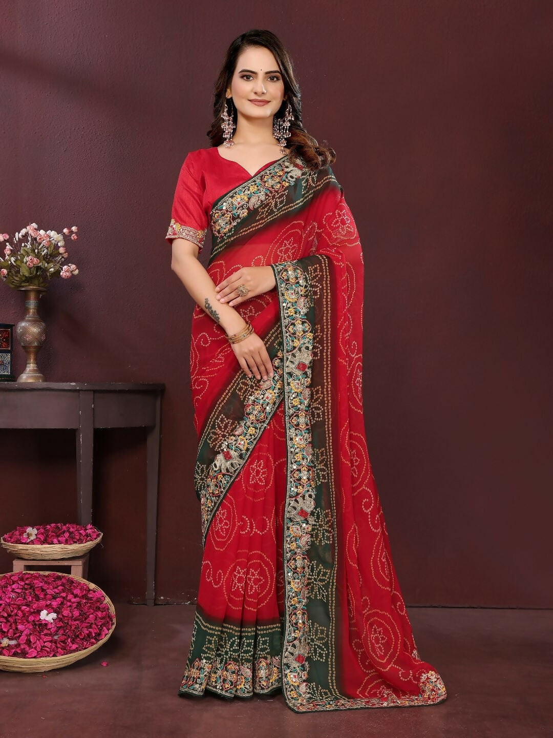 Ai Fashion Red Georgette Digital Print Party Wear Saree | Grocsy