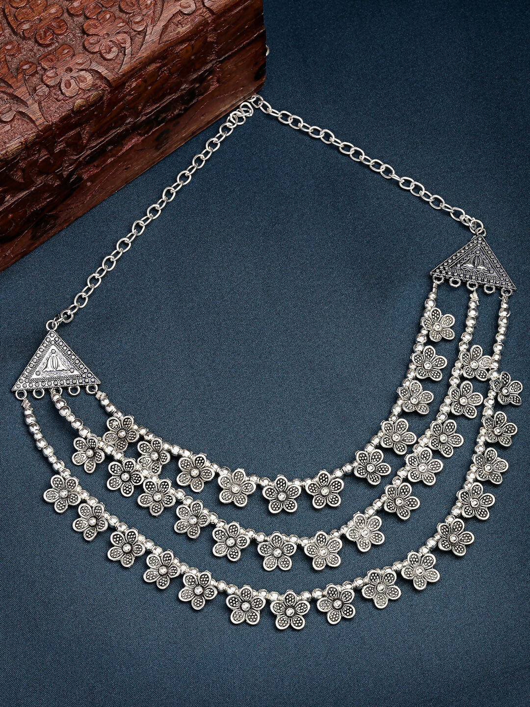 NVR Women's 3 Layered Floral Shape Artificial Beads German Silver Oxidised Necklace | Grocsy