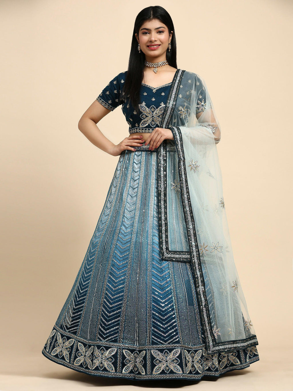 Blue Fancy Net Sequence Embroidered Lehenga Choli with Dupatta - Dhara | Grocsy