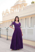 Vastranavya Premium Designer Faux Blooming with Embroidery Zari Sequins work Gown - Purple | Grocsy