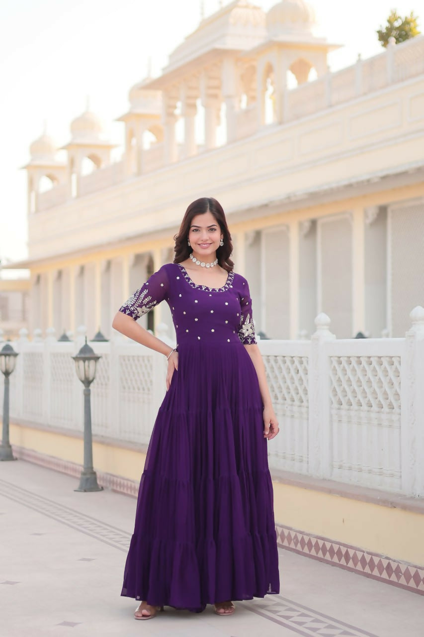 Vastranavya Premium Designer Faux Blooming with Embroidery Zari Sequins work Gown - Purple | Grocsy