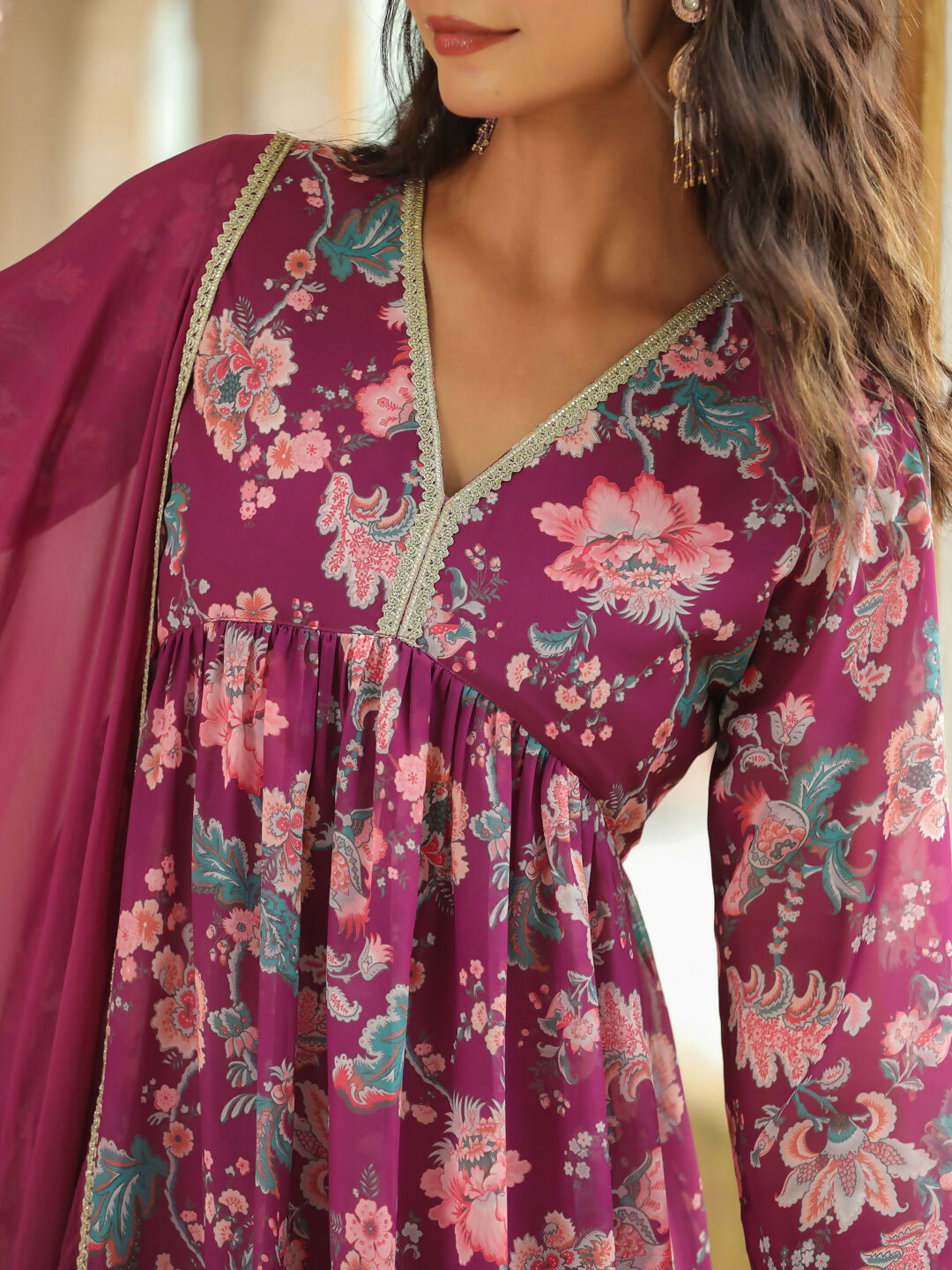 Janasya Purple Georgette Floral Kurta,Bottom & Dupatta | Grocsy