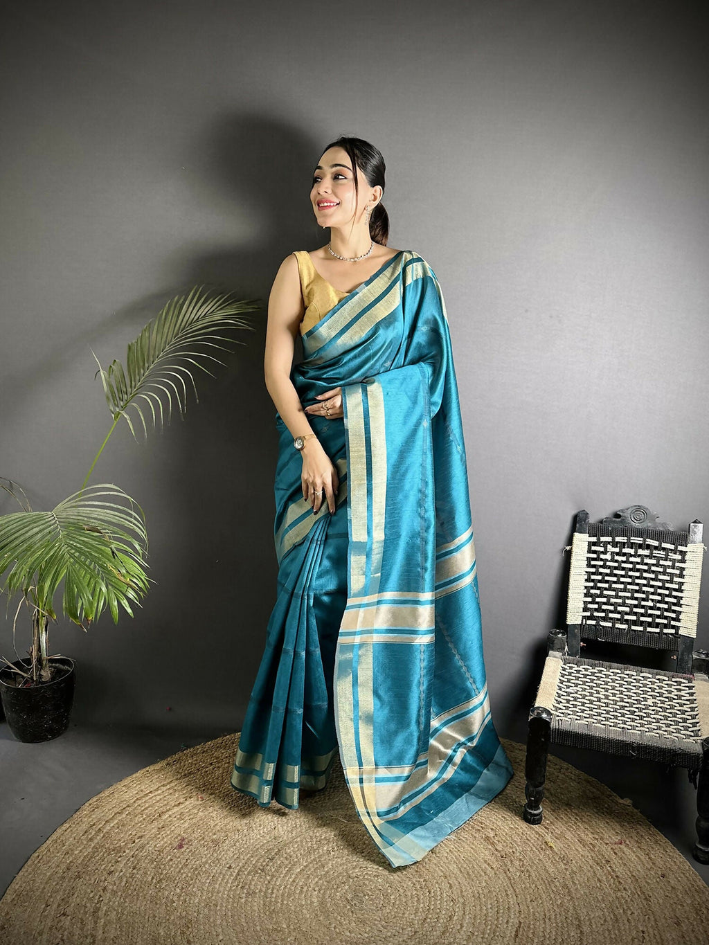 Joban Fashion Turquoise Woven Pattern Raw Silk Kanjivaram Silk Saree | Grocsy