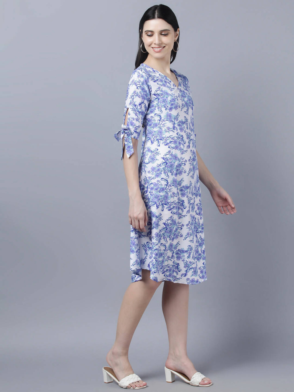 Myshka Women White Blue Printed A-Line Dress | Grocsy