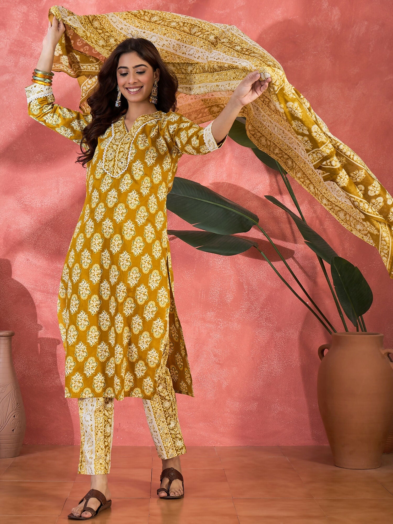 Joban Fashion Printed Mustard Pure Cotton Kurta Set | Grocsy