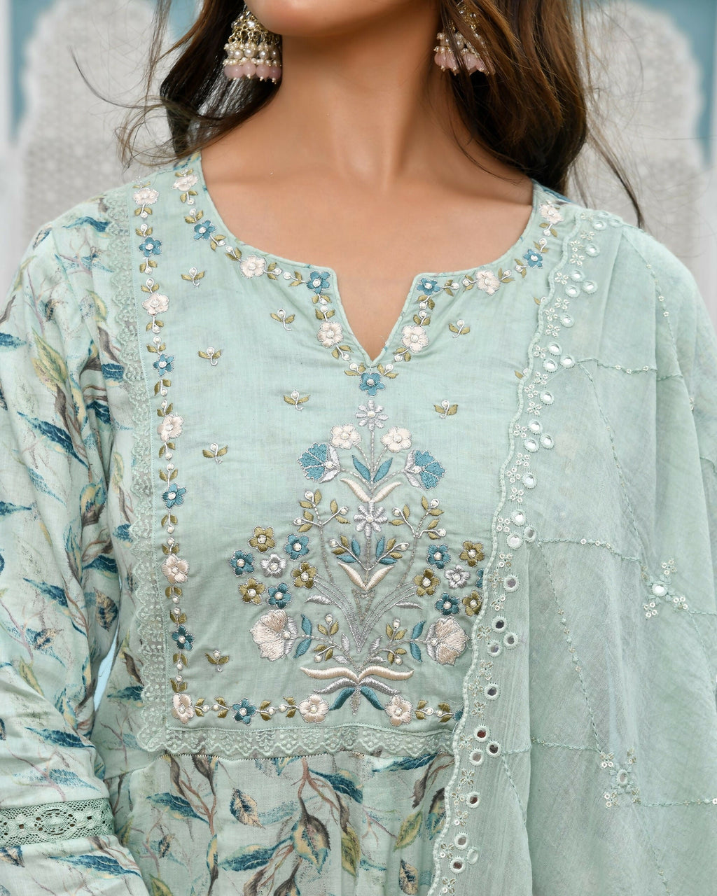 Vaasva Women's Sky Blue Cotton Anarkali Set With Solid Pant And Embroidered Dupatta | Grocsy