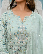 Vaasva Women's Sky Blue Cotton Anarkali Set With Solid Pant And Embroidered Dupatta | Grocsy