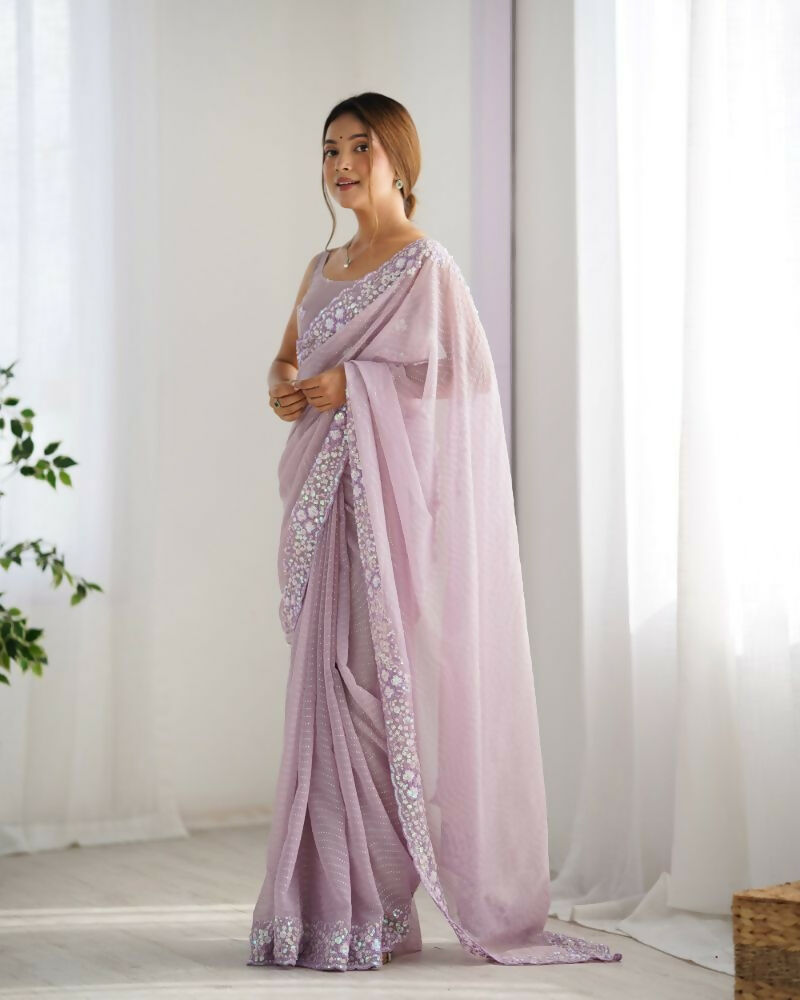 Georgette Designer Sequance Embroidery Work Party Wear Saree - Lavender | Grocsy