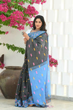 Beatitude Grey Slub Cotton Floral Jamdani Saree | Grocsy