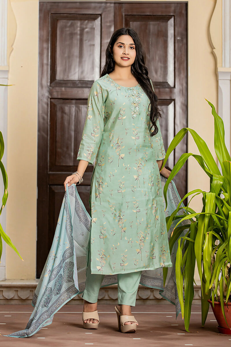 Kaajh Women's Sky Blue Printed Modal Silk Suit Set | Grocsy