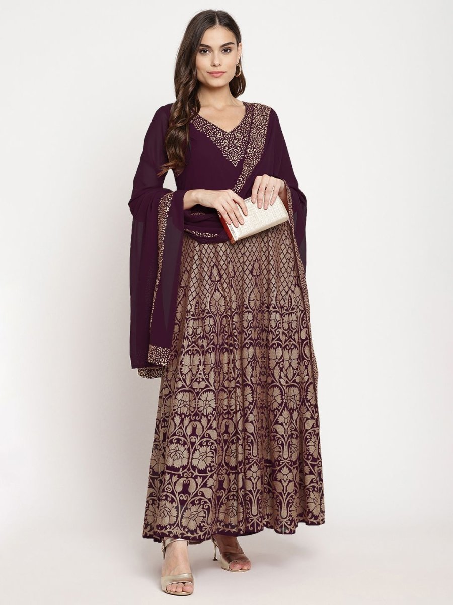 Ahalyaa Women's Wine Georgette Gold Foil Print Flared Kurta With Dupatta | Grocsy
