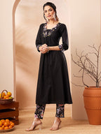 Janasya Black A-Line Cotton Kurta & Bottom | Grocsy