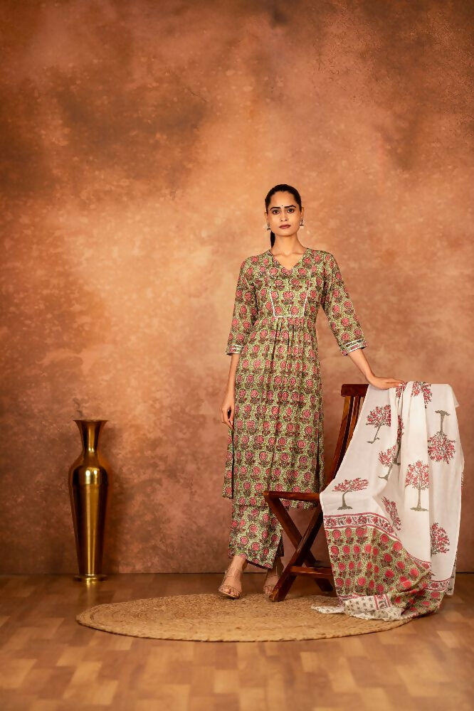 Joban Fashion Green Hand Block Printed Cotton Suit Set | Grocsy
