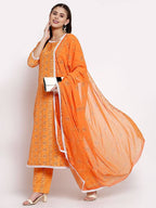 Myshka Women's Orange Cotton Printed 3/4 Sleeve Round Neck Casual Kurta Pant Dupatta Set | Grocsy
