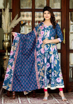 Miravan Women's Flower Printed Blue Anarkali Kurta And Dupatta | Grocsy