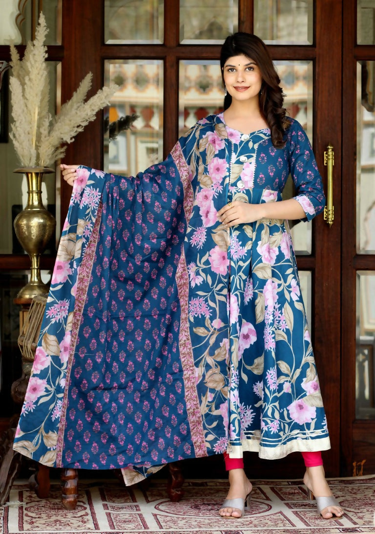 Miravan Women's Flower Printed Blue Anarkali Kurta And Dupatta | Grocsy