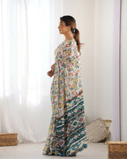 Off White Chinon Designer Digital Printed & Mirror Cut Work Saree - Kriti | Grocsy